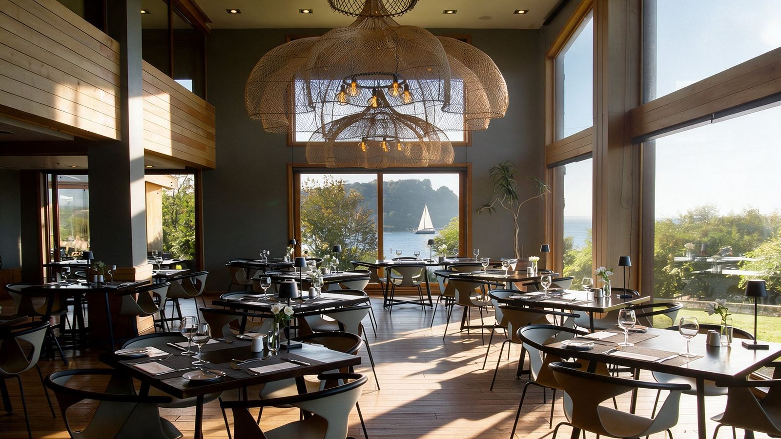 Restaurante del Hotel Cumbres con vista al lago Llanquihue y sillas Fox de Pedrali