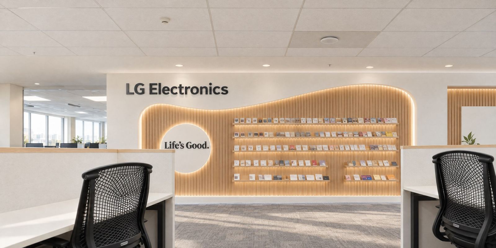 Recepción de LG Electronics con muro de listones de madera