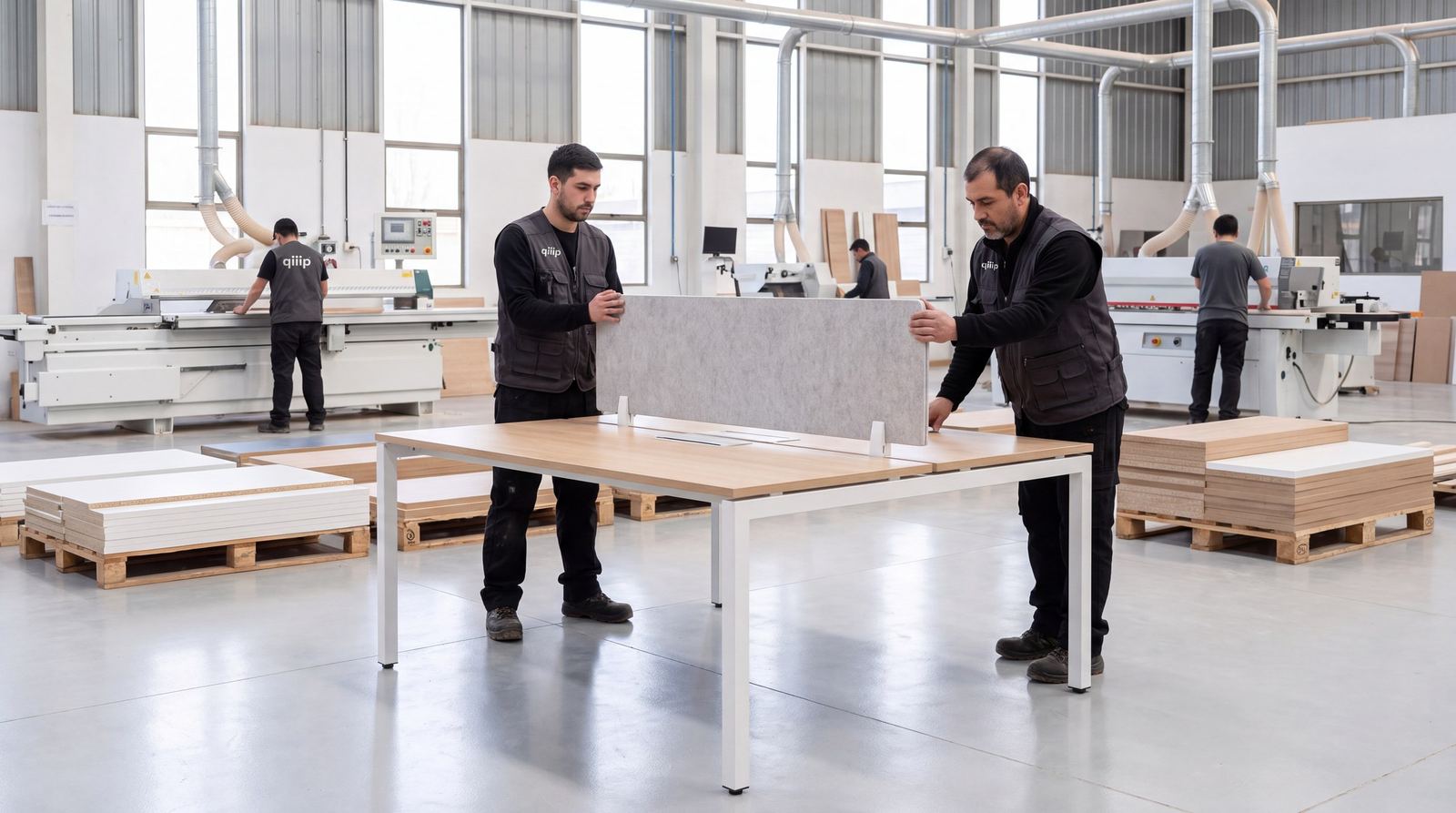 Equipo de la fábrica OLEN instalando el separador acústico central en un Bench 140