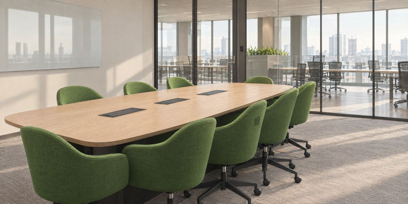 Sala de reuniones con sillas verdes y mesa de madera