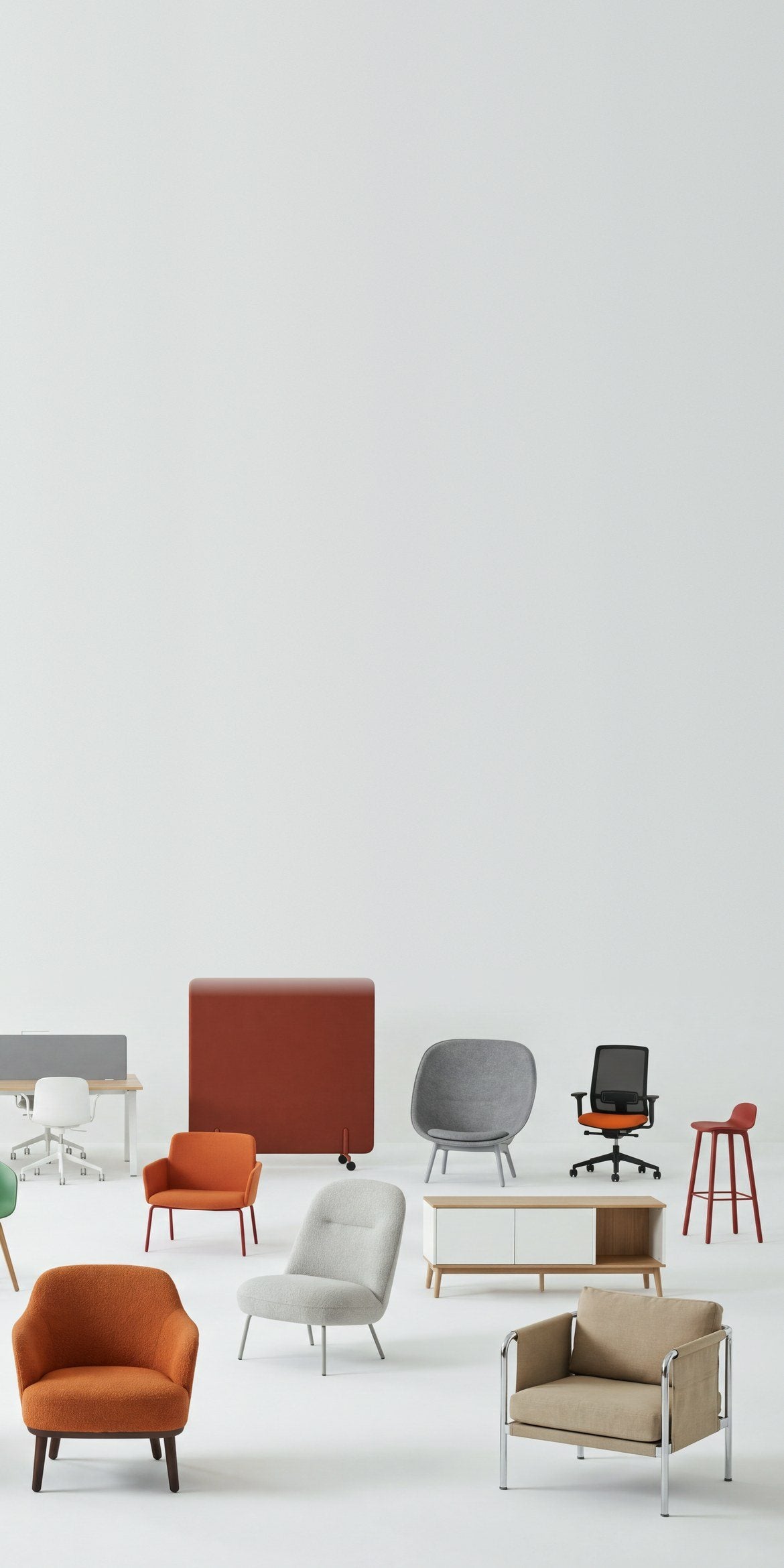 Muebles de oficina, lounge y restaurante en un estudio blanco
