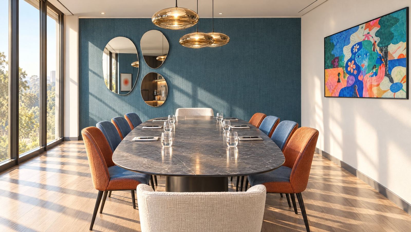 Comedor con muro azul, espejos y sillas naranjas